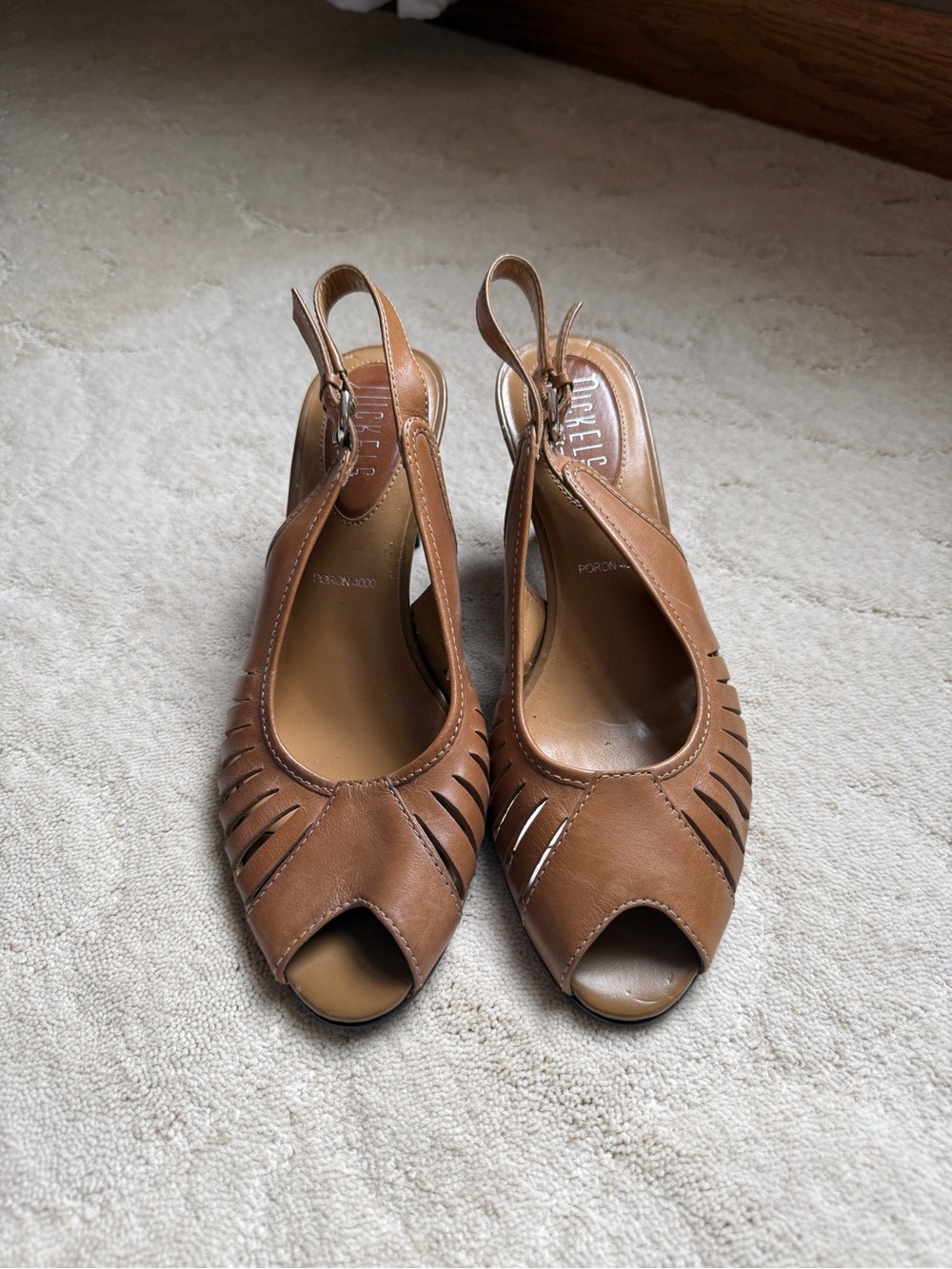 Nickels Tan Brown Leather Peep-Toe Slingback Heels